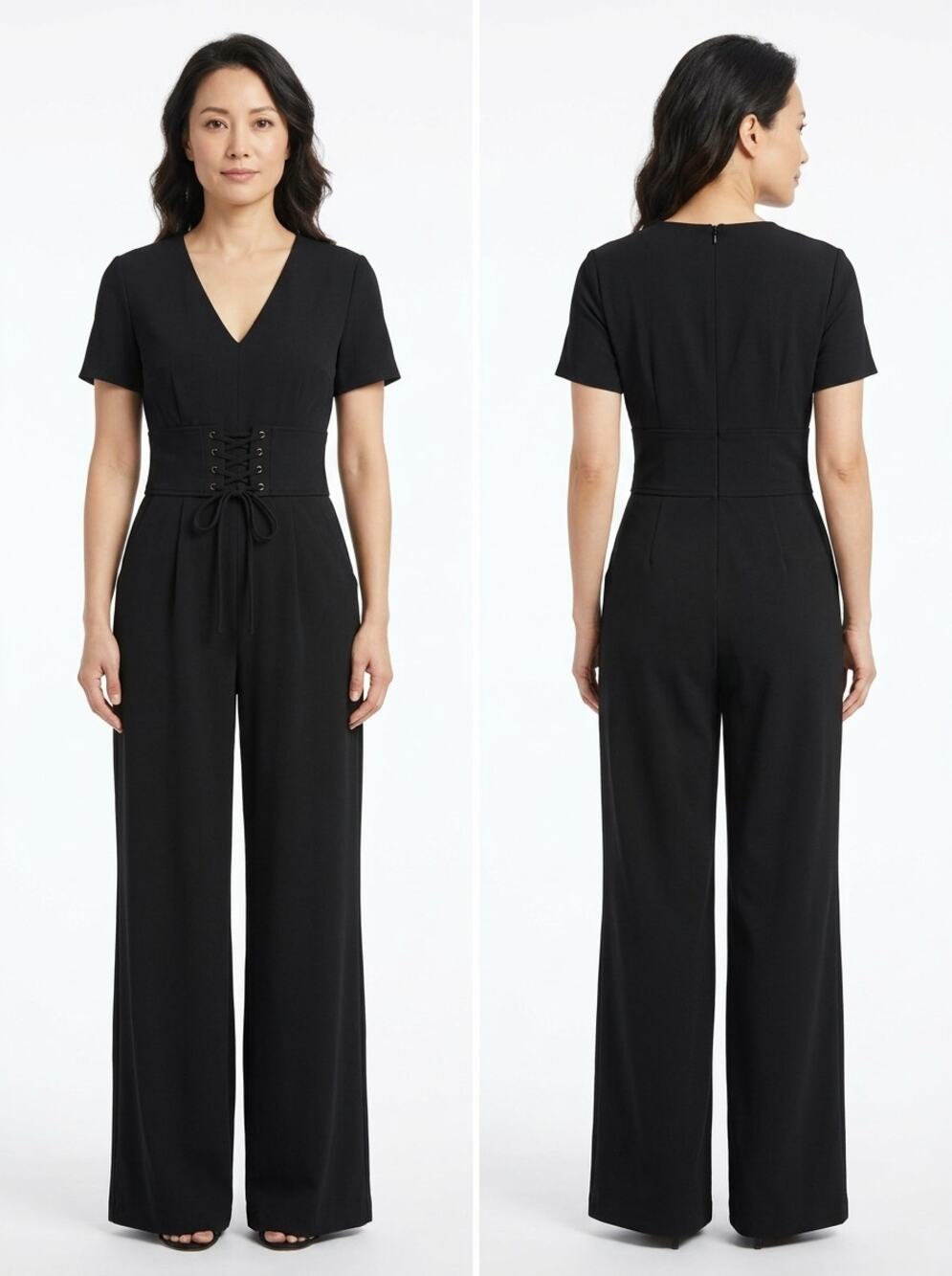 Wayf Where Black Corset Lace Up Wide Leg Jumpsuit Solid Short Women Size M